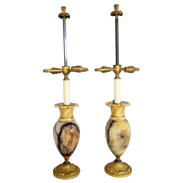 Pair of English Blue John/Derbyshire Spar and Ormolu Two-Light Table Lamps
