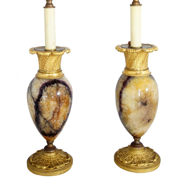Pair of English Blue John/Derbyshire Spar and Ormolu Two-Light Table Lamps