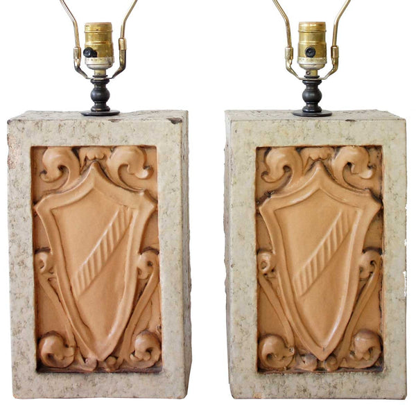 Pair American Glazed Terracotta Facade Blocks, now as One-Light Table Lamps