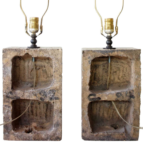 Pair American Glazed Terracotta Facade Blocks, now as One-Light Table Lamps