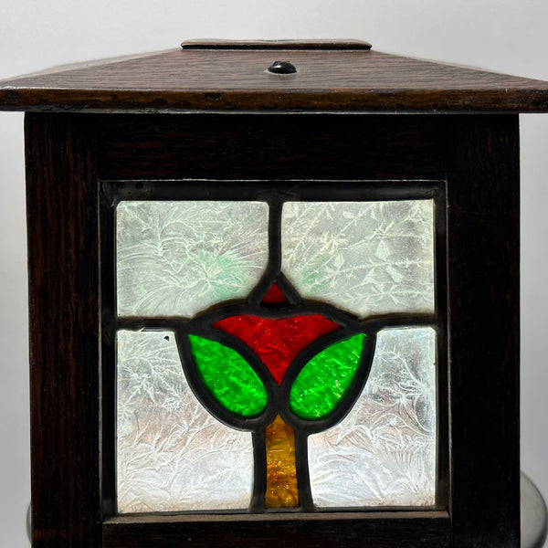 Pair American Arts and Crafts Oak, Stained and Leaded Glass Square Sconce Shades