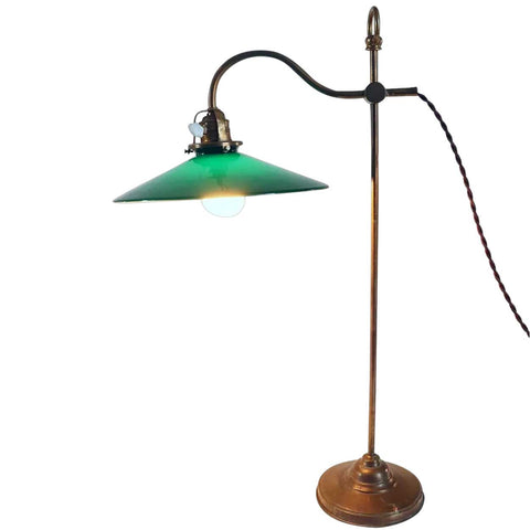 English Victorian Green Shade Brass Gooseneck Adjustable One-Light Table Lamp