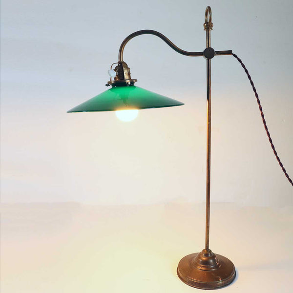 English Victorian Green Shade Brass Gooseneck Adjustable One-Light Table Lamp