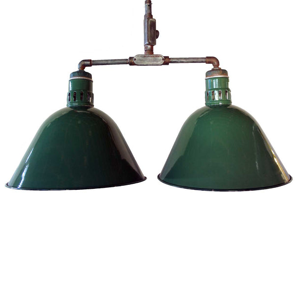 Vintage American Appleton Industrial Green Porcelain Double Hanging Lamp