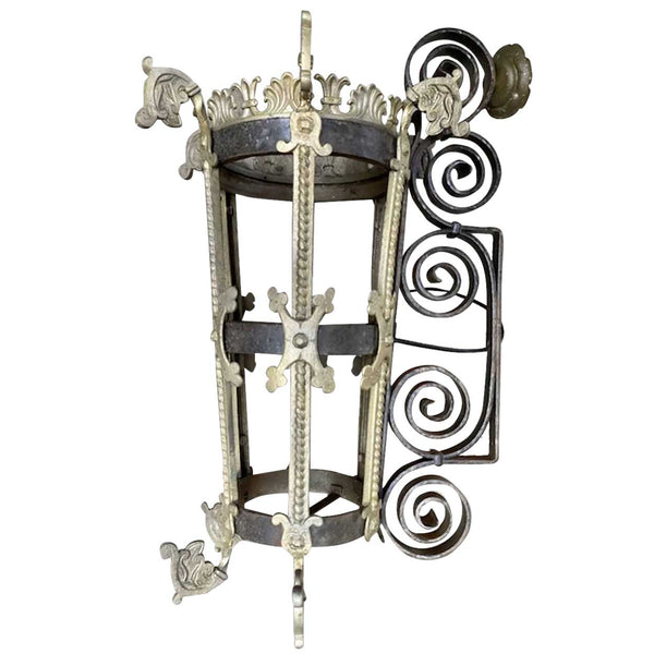 Large Argentine Wrought Iron and Painted Bronze Two-Light Bracket Lantern Sconce