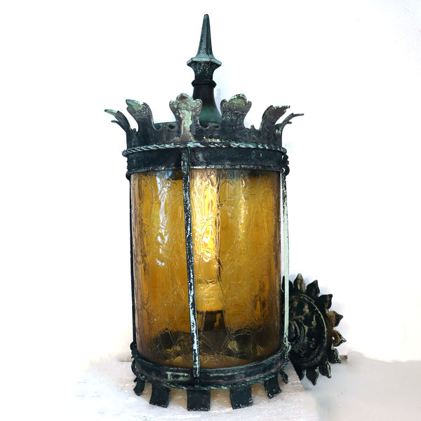 American Tudor Revival Patinated Bronze and Glass Exterior One-Light Bracket Sconce