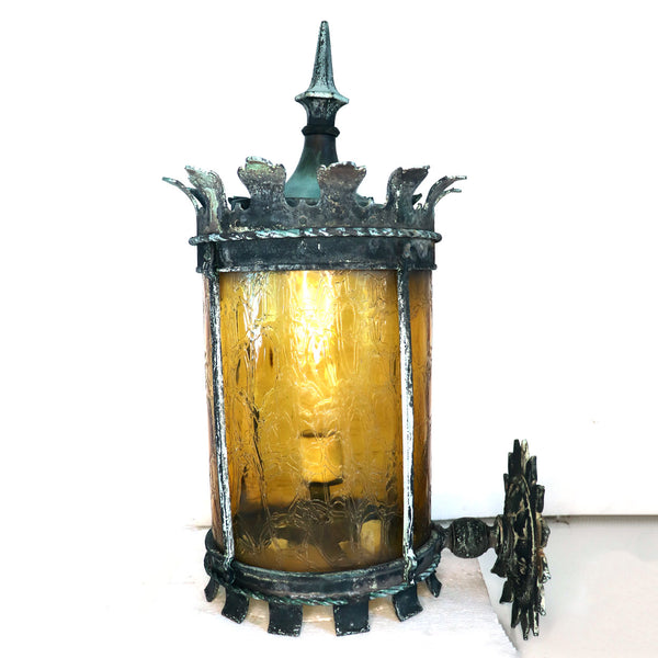 American Tudor Revival Patinated Bronze and Glass Exterior One-Light Bracket Sconce