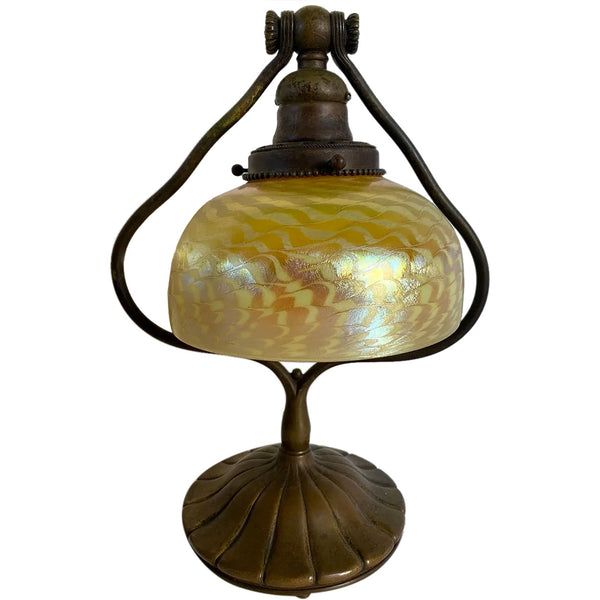 American Tiffany Studios Gold Damascene Favrile Glass and Bronze Harp Desk Lamp