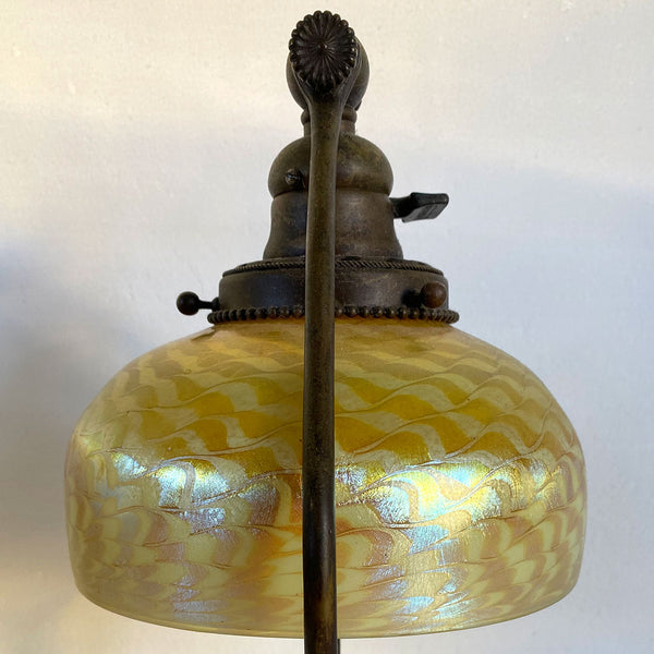 American Tiffany Studios Gold Damascene Favrile Glass and Bronze Harp Desk Lamp