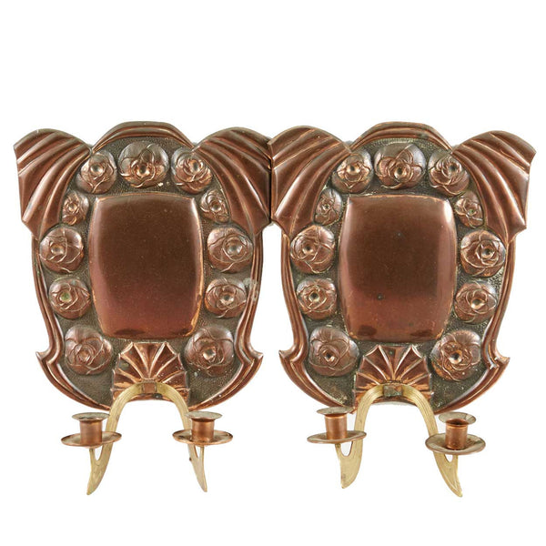 Pair of Swedish Jugendstil Copper and Brass Two-Arm Candle Sconces