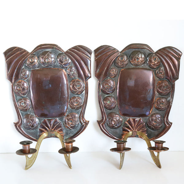 Pair of Swedish Jugendstil Copper and Brass Two-Arm Candle Sconces
