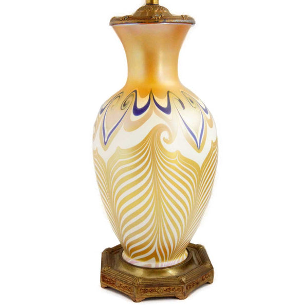American Quezal Art Nouveau Glass Pulled Feather One-Light Table Lamp