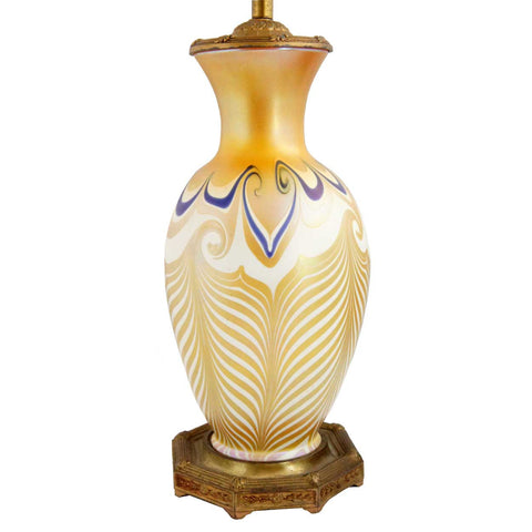 American Quezal Art Nouveau Glass Pulled Feather One-Light Table Lamp