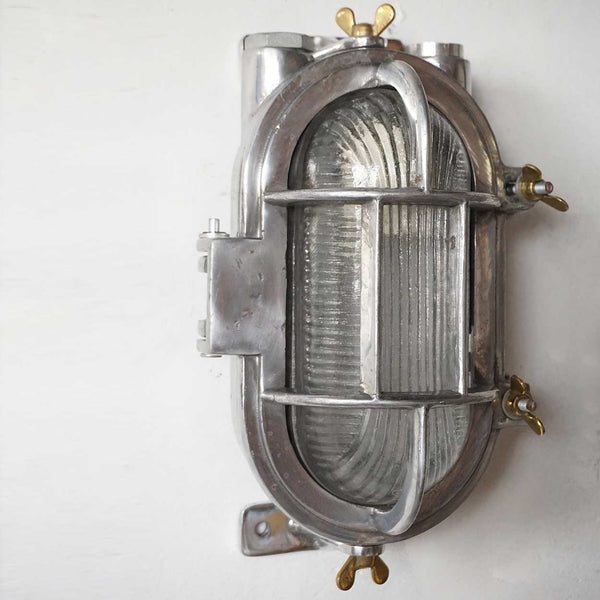 Vintage Style Industrial Aluminum Caged Oval Wall or Ceiling Ship's Light