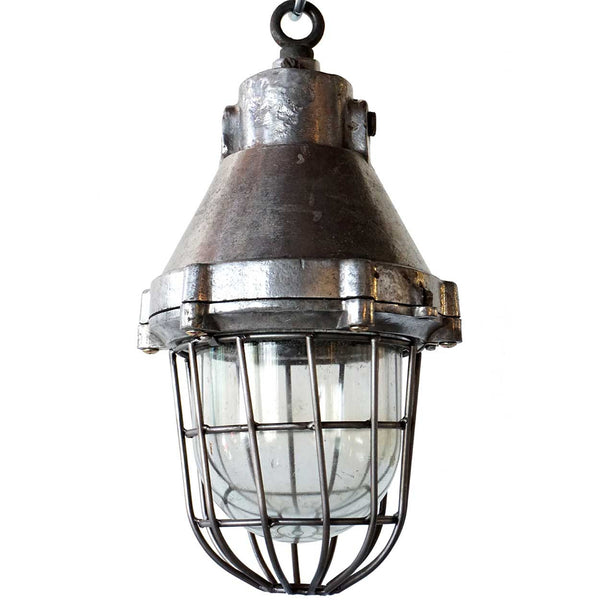 Vintage Industrial Aluminum and Iron Caged Ship's Cargo Pendant Light