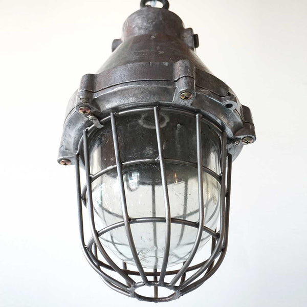 Vintage Industrial Aluminum and Iron Caged Ship's Cargo Pendant Light