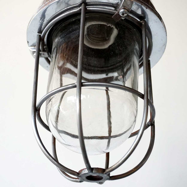 Small Vintage Style Industrial Aluminum and Glass Caged Ship Pendant Ceiling Light (4 available)