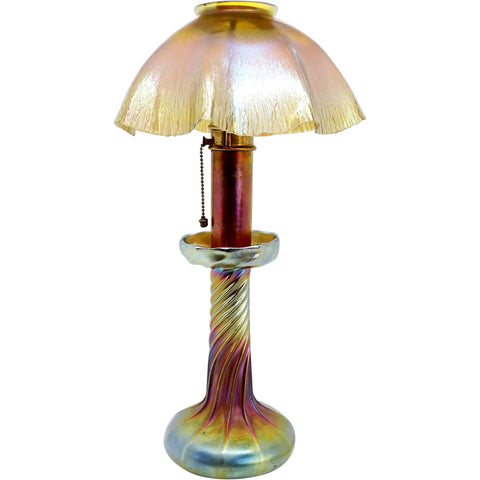 American Tiffany Studios Gold Favrile Glass Candlestick Table Lamp with Insert and Shade