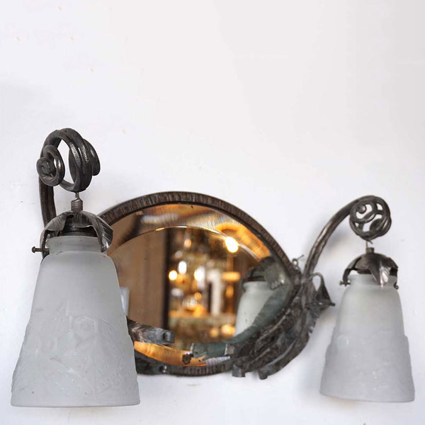 French Muller Freres Fer Forge, Mirrored and Glass Two-Light Wall Sconce