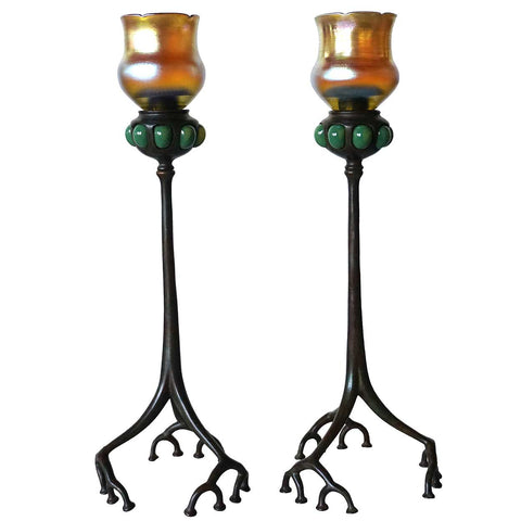 Pair of American Tiffany Studios Bronze Favrile Glass Shade Root Candlesticks