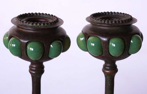 Pair of American Tiffany Studios Bronze Favrile Glass Shade Root Candlesticks