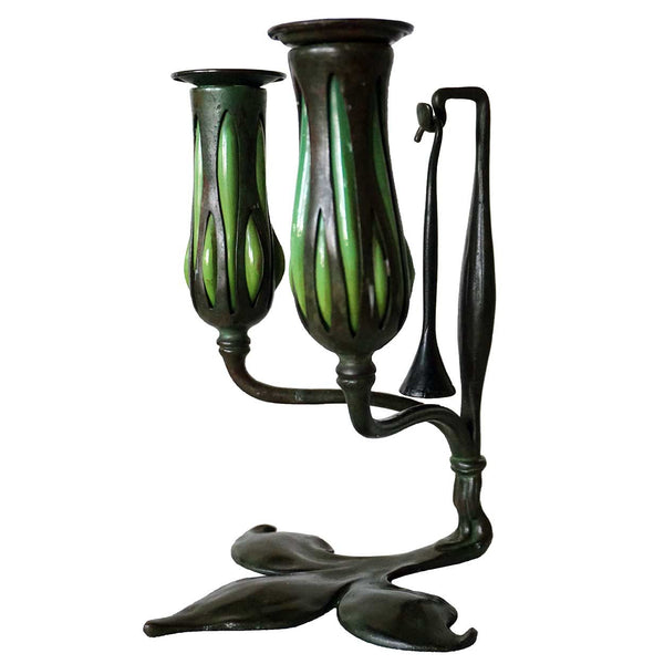 Pair American Tiffany Studios Reticulated Glass and Bronze Two-Light Candlesticks and Snuffers