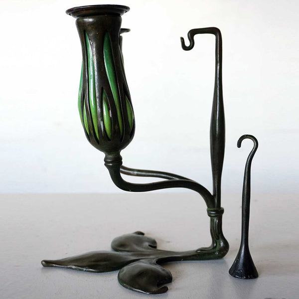 Pair American Tiffany Studios Reticulated Glass and Bronze Two-Light Candlesticks and Snuffers