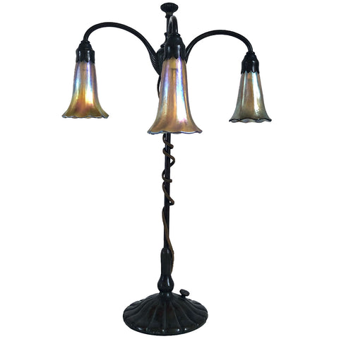 American Tiffany Studios Bronze Favrile Glass Lily Shade Three-Light Table Lamp