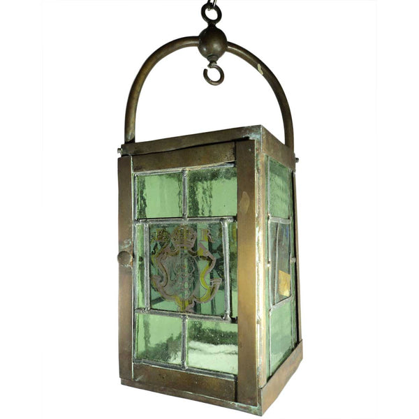 English Edwardian Leaded, Painted Glass and Brass Armorial Hanging Lantern