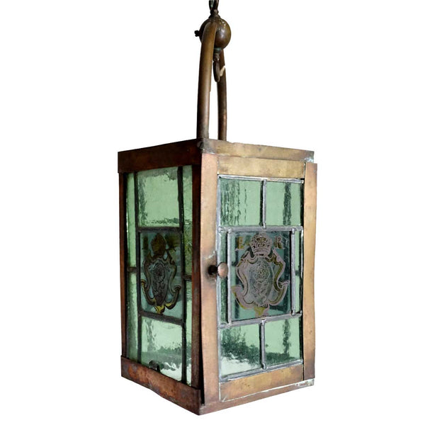 English Edwardian Leaded, Painted Glass and Brass Armorial Hanging Lantern