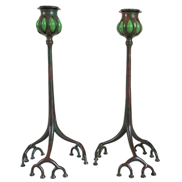 Pair of American Tiffany Studios Bronze and Reticulated Glass Root Candlesticks