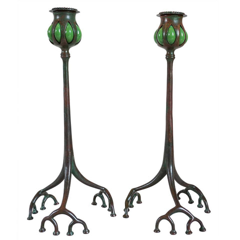 Pair of American Tiffany Studios Bronze and Reticulated Glass Root Candlesticks