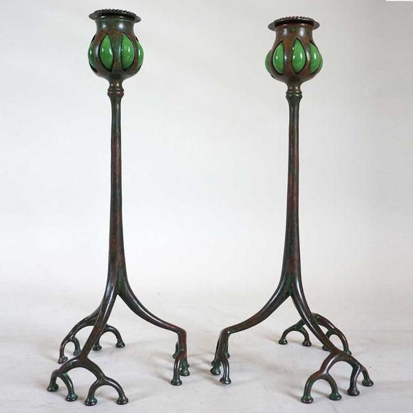 Pair of American Tiffany Studios Bronze and Reticulated Glass Root Candlesticks