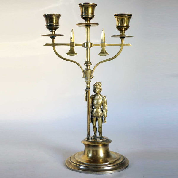 French Renaissance Revival Brass Figural Three-Light Candlestick