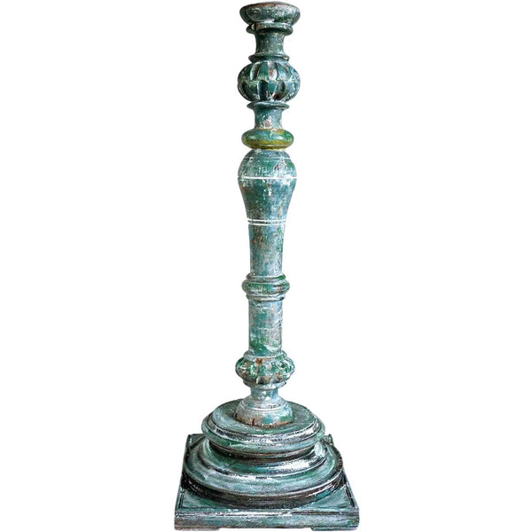 Large Indo-Portuguese Green Painted Teak Baluster Candlestick
