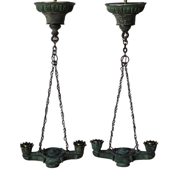 Pair of Small Greek Revival Patinated Bronze Two-Light Hanging Pendant Lamps