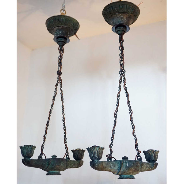 Pair of Small Greek Revival Patinated Bronze Two-Light Hanging Pendant Lamps