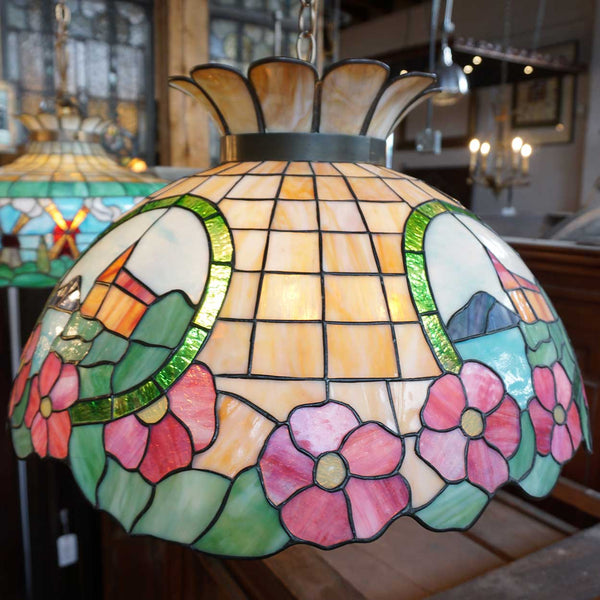 American Leaded Glass Floral Four-Light Dome Pendant Light