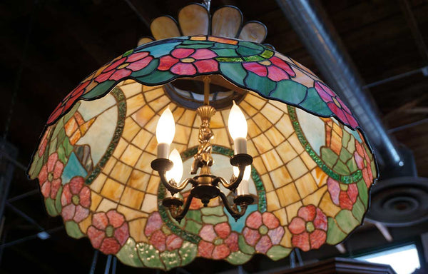 American Leaded Glass Floral Four-Light Dome Pendant Light