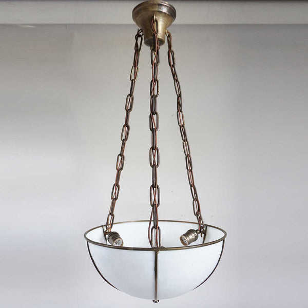 American Arts and Crafts Bent Glass Copper Foil Inverted Dome Three-Light Pendant Light