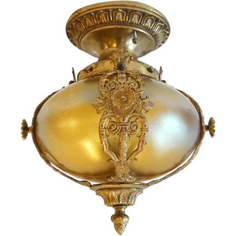 American Gilt Bronze and Iridescent Gold Glass Globe Flush Mount Ceiling Light