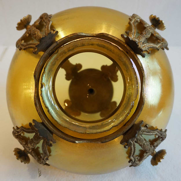American Gilt Bronze and Iridescent Gold Glass Globe Flush Mount Ceiling Light