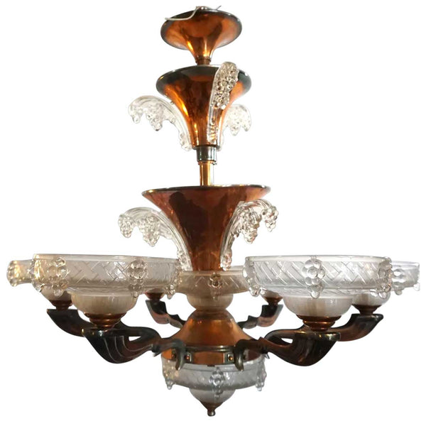 French Atelier Petitot and Ezan Art Deco Opalescent Glass Six-Arm Icicle Copper Plated Bronze Chandelier