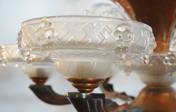 French Atelier Petitot and Ezan Art Deco Opalescent Glass Six-Arm Icicle Copper Plated Bronze Chandelier