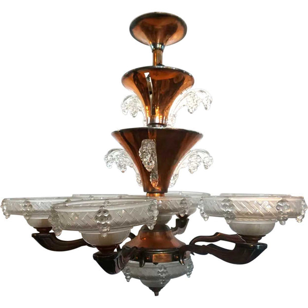 French Atelier Petitot and Ezan Art Deco Opalescent Glass Six-Arm Icicle Copper Plated Bronze Chandelier