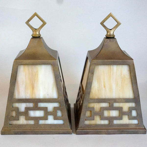 Pair American Albert Sechrist Arts & Crafts Patinated Brass and Glass Pendant Hall Light Shades