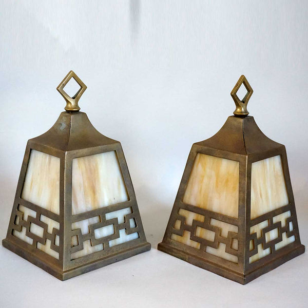 Pair American Albert Sechrist Arts & Crafts Patinated Brass and Glass Pendant Hall Light Shades
