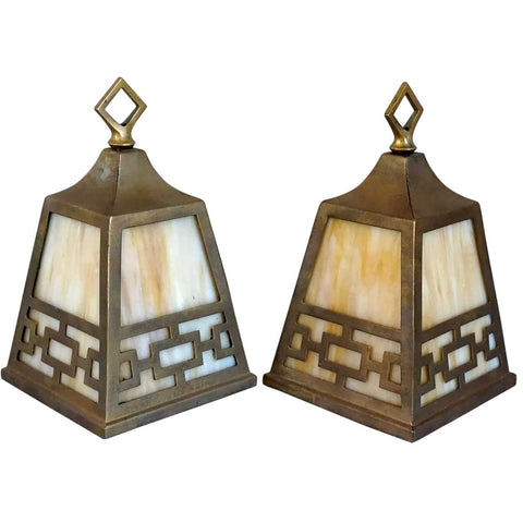 Pair American Albert Sechrist Arts & Crafts Patinated Brass and Glass Pendant Hall Light Shades