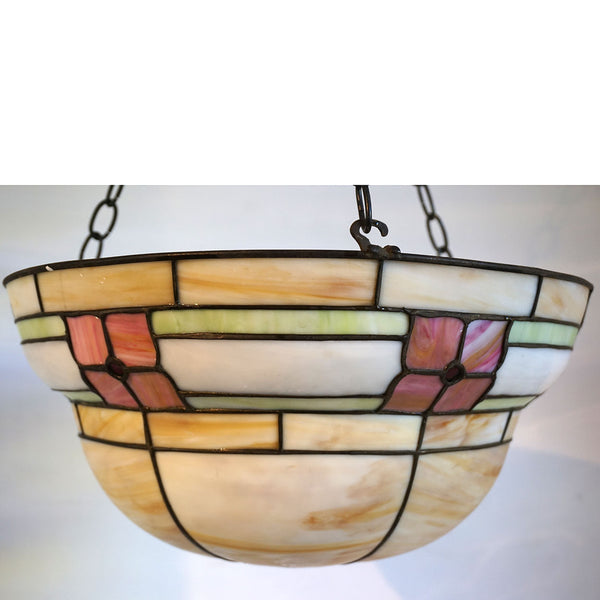 American Arts and Crafts Leaded and Stained Bent Glass Bowl-Form Hanging Light