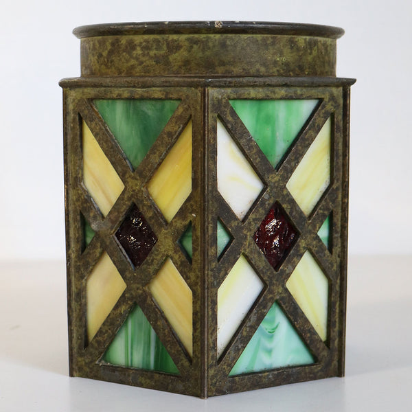 American Arts and Crafts Stained Slag and Jeweled Glass Hexagonal Lamp Shade